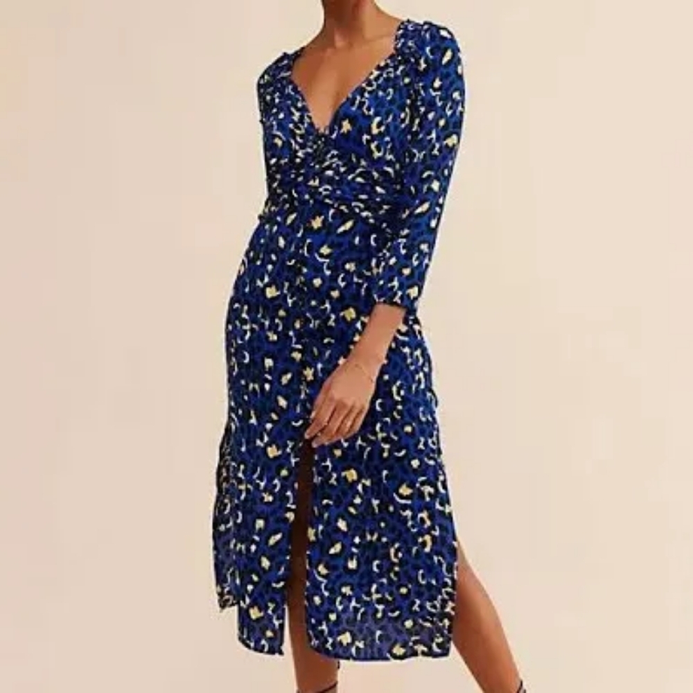 Anthropologie Long-Sleeved Dress, Size Small, Blue and Yellow Leopard Print